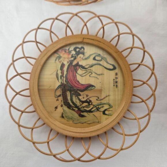 Geisha Bamboo Asian Wicker Coaster Set of 6 with Holder Vintage - Picture 8 of 16